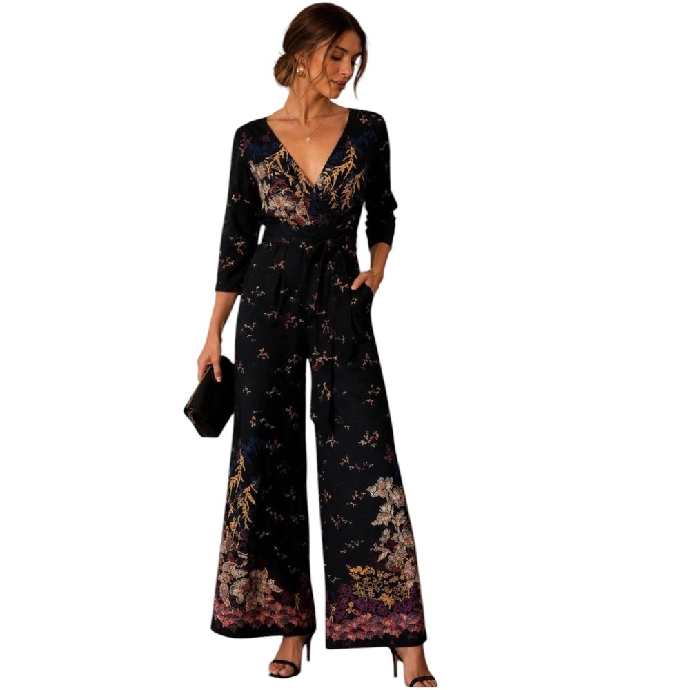 Feather Bone Anthropologie Nara Floral Jumpsuit Chinoiserie Boho Women's Size 14